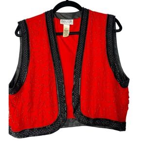 Vintage Bonnie Boerer Silk Beaded Vest‎ Red Black Embellished Sleeveless Top M